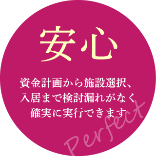 安心 資金計画から施設選択、入居まで検討漏れがなく確実に実行できます